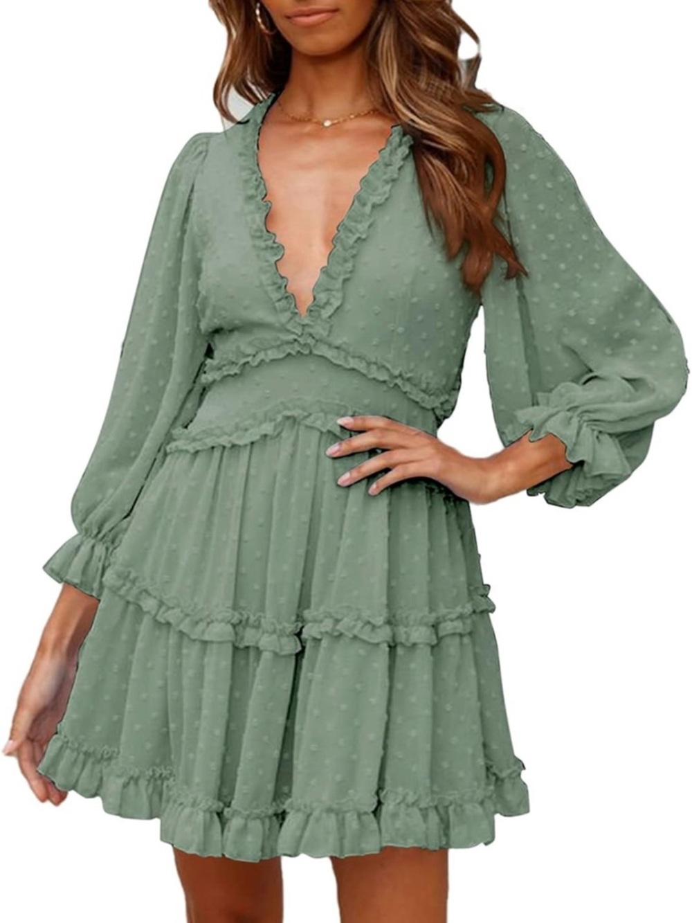 Sage Green Swiss Dot Ruffle Tiered Mini Dress